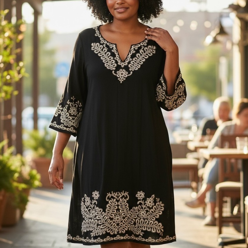 Womens Embroidered 3/4 Sleeve Tunic Dress 2X Boho Cottagecore Glam Chic Party